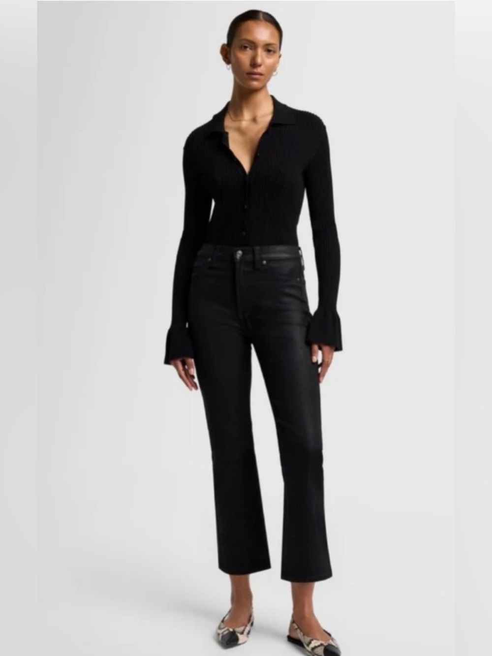 7 For All Mankind Coated Black Jeans High Waist Kick Flare Size 28